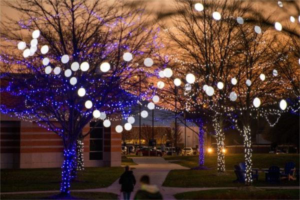 Holiday lights hanging from tree branches glow on campus in front of an orange dusk sky.